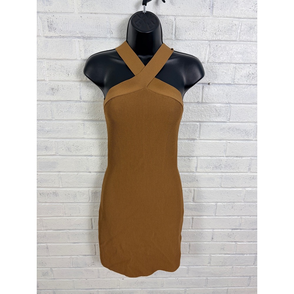 Babaton Sculpt Knit Cross Dress Womens S Saville Brown Ribbed Halter Mini